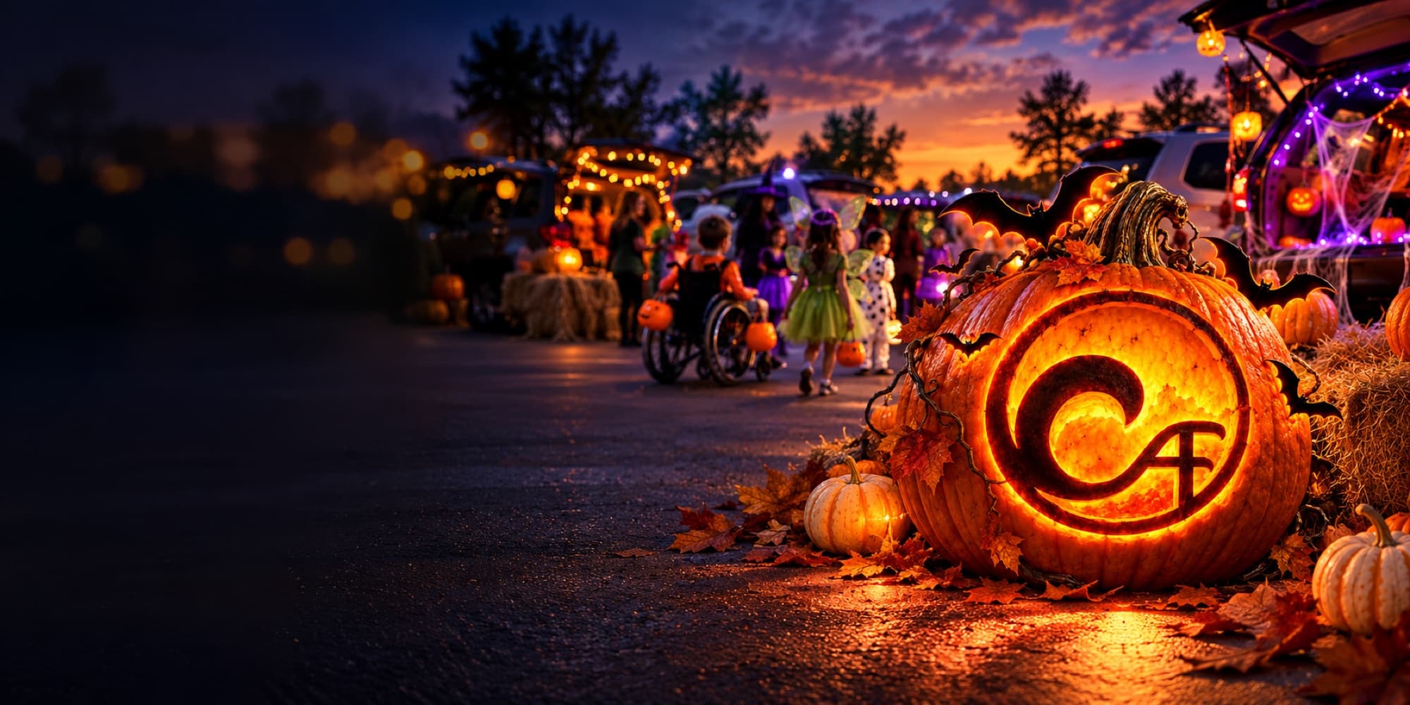 Families in costumes at a decorated trunk-or-treat beside a glowing jack-o'-lantern carved with the Champions Adaptive Fitness logo